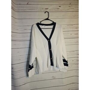 Missguided White  Cardigan with Navy Trim, Long‎ Sleeve Button Up Sweater,Sz 8